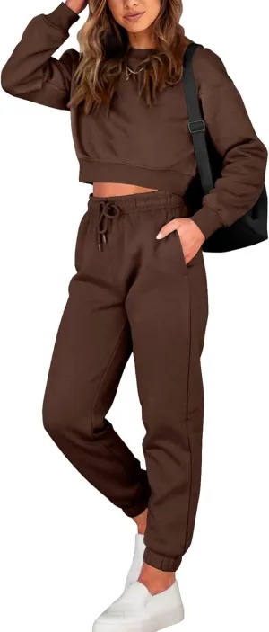 BTFBM Women 2 Piece Outfits Long Sleeve Crop Top Pullover Drawstring Pant Jogger Set Casual Sweatsuits Tracksuit Pockets