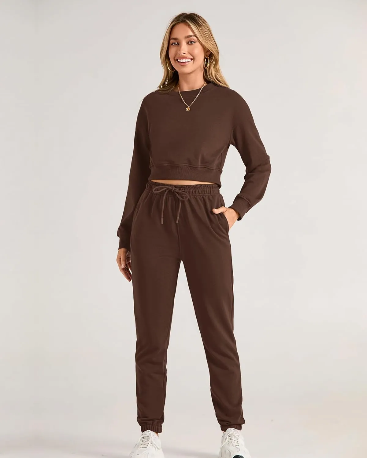 BTFBM Women 2 Piece Outfits Long Sleeve Crop Top Pullover Drawstring Pant Jogger Set Casual Sweatsuits Tracksuit Pockets
