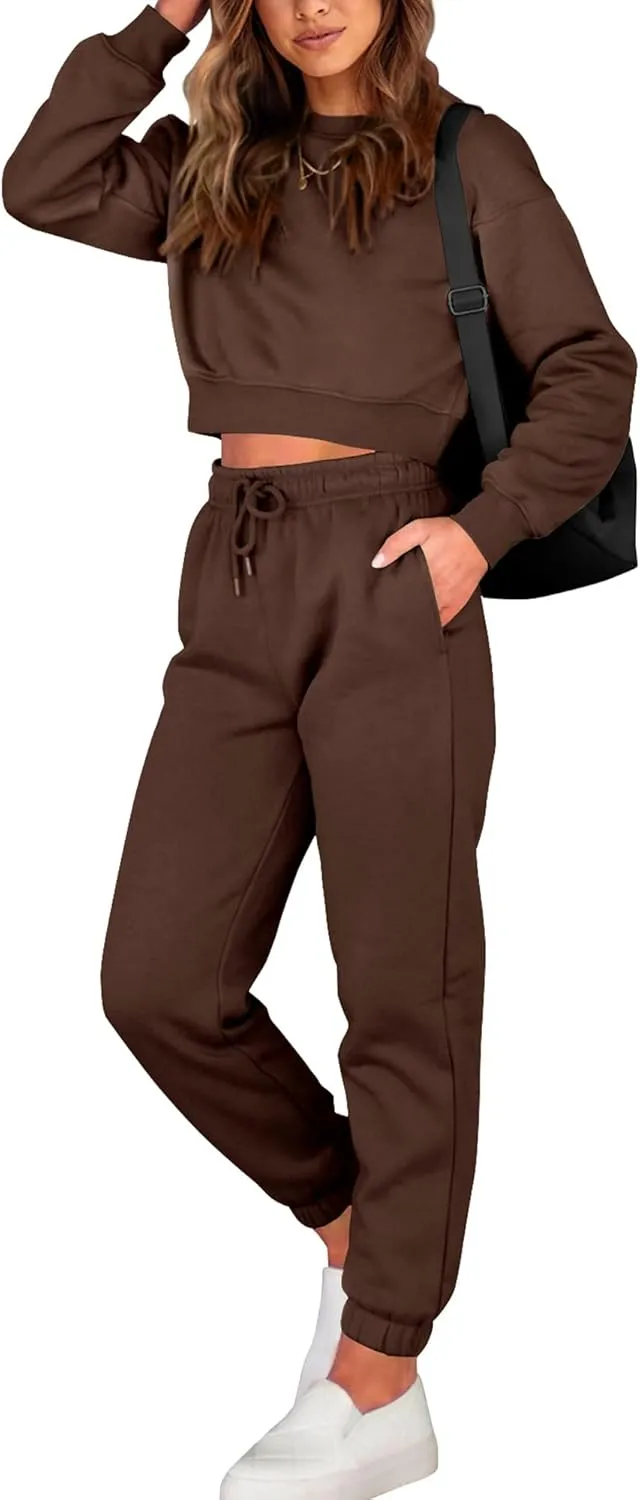 BTFBM Women 2 Piece Outfits Long Sleeve Crop Top Pullover Drawstring Pant Jogger Set Casual Sweatsuits Tracksuit Pockets
