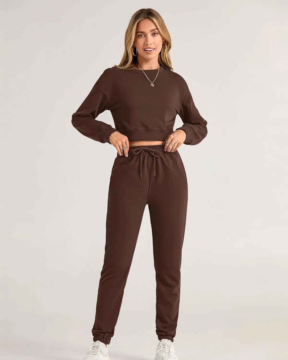 BTFBM Women 2 Piece Outfits Long Sleeve Crop Top Pullover Drawstring Pant Jogger Set Casual Sweatsuits Tracksuit Pockets