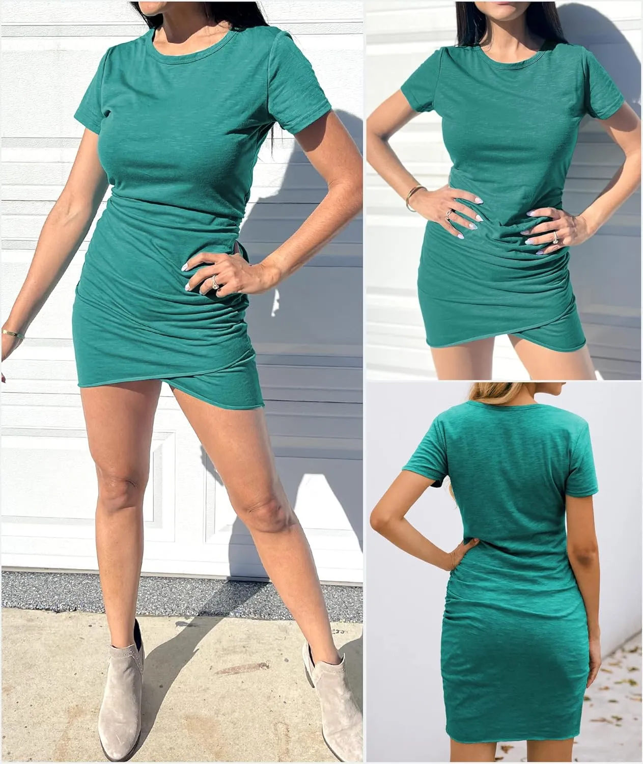 BTFBM Women's 2025 Summer Casual Beach Dresses Crew Neck Short Sleeve Wrap Party Club Mini Ruched Bodycon T Shirt Dress