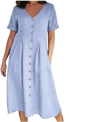 Button Down Dress for Women Linen Maxi Dress with Pockets Short Sleeves Boho Flowy Midi Dresses Womens Summer Outfits