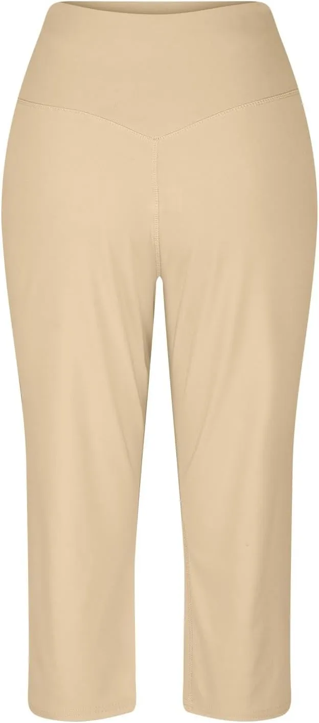 Capri Pants for Women Summer Casual Elastic Waist Wide Leg Cropped Trousers Plus Size Tummy Control Petite Yoga Pants