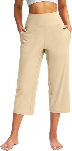 Capri Pants for Women Summer Casual Elastic Waist Wide Leg Cropped Trousers Plus Size Tummy Control Petite Yoga Pants