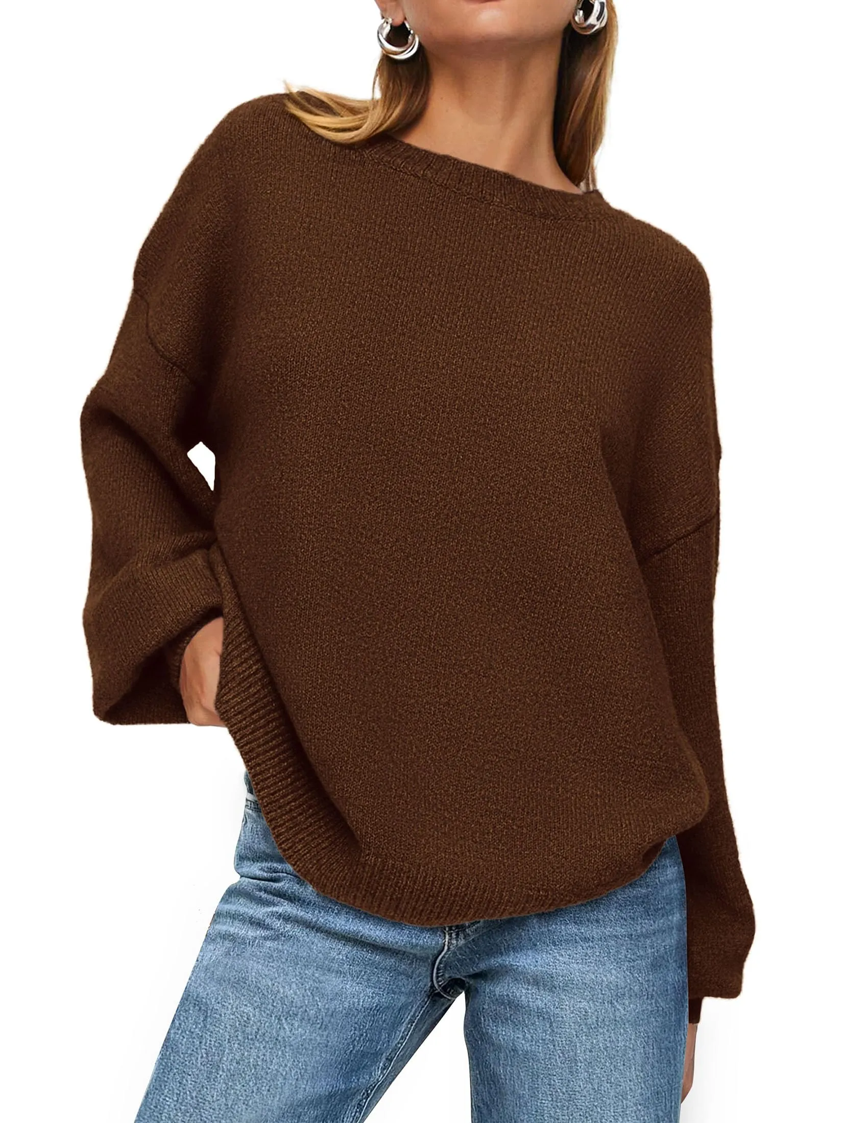 Casual Crew Neck Long Sleeve Pullover Ribbed Knit Loose Fit Sweaters