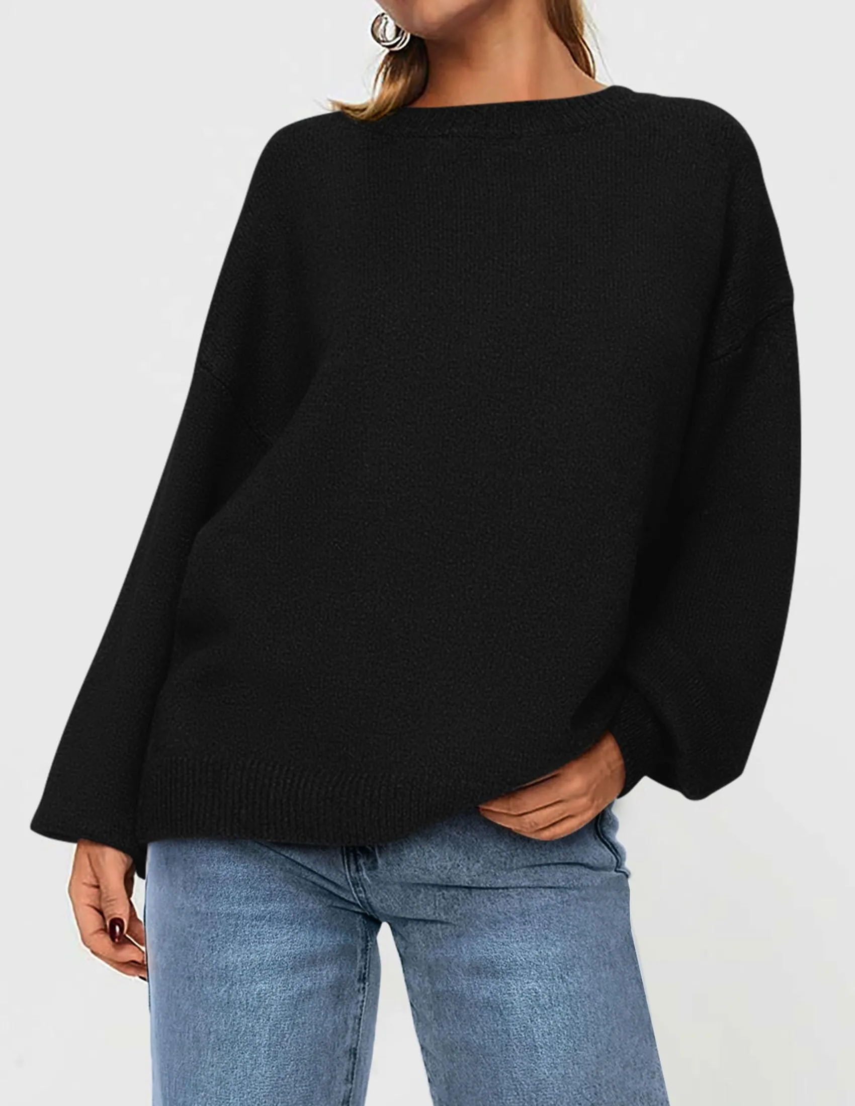 Casual Crew Neck Long Sleeve Pullover Ribbed Knit Loose Fit Sweaters