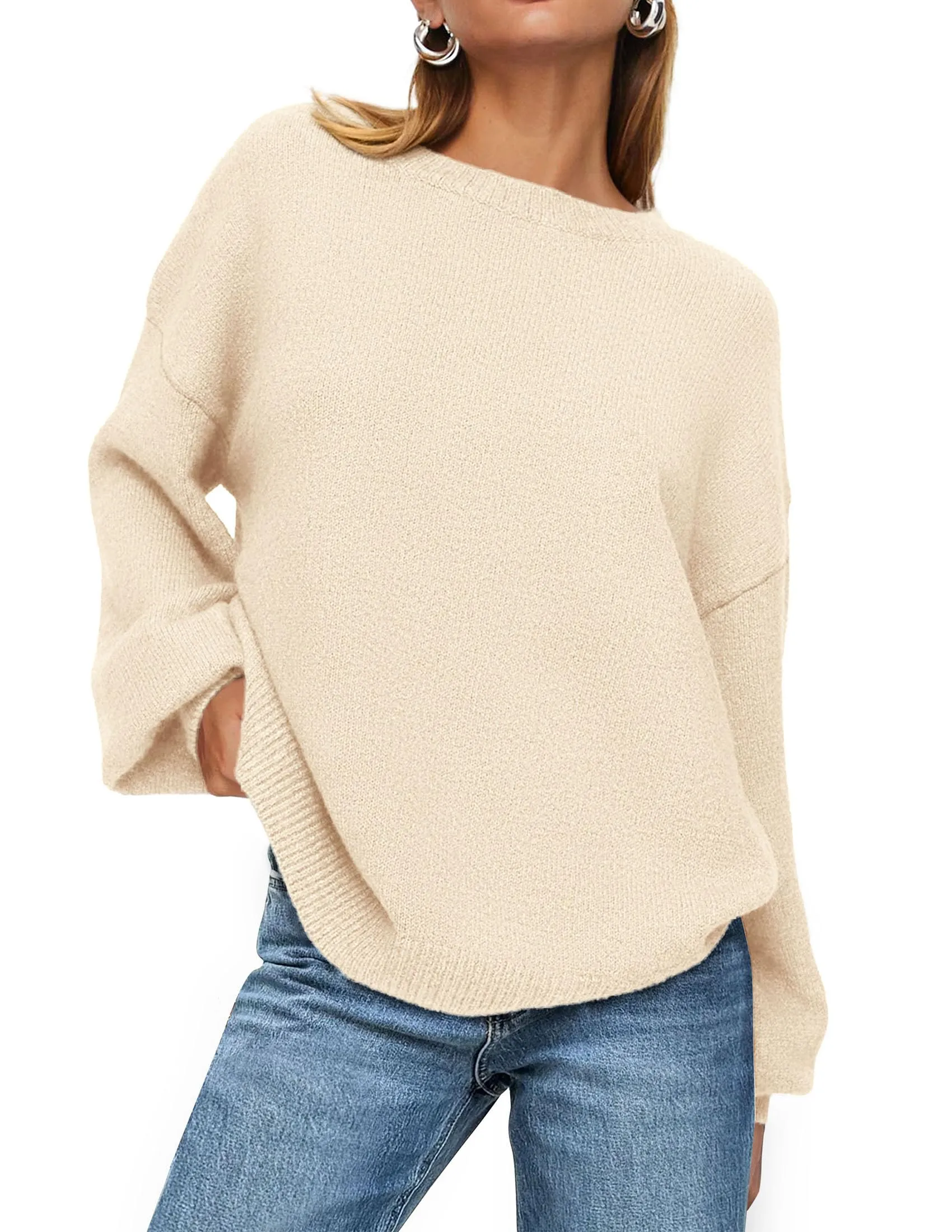 Casual Crew Neck Long Sleeve Pullover Ribbed Knit Loose Fit Sweaters