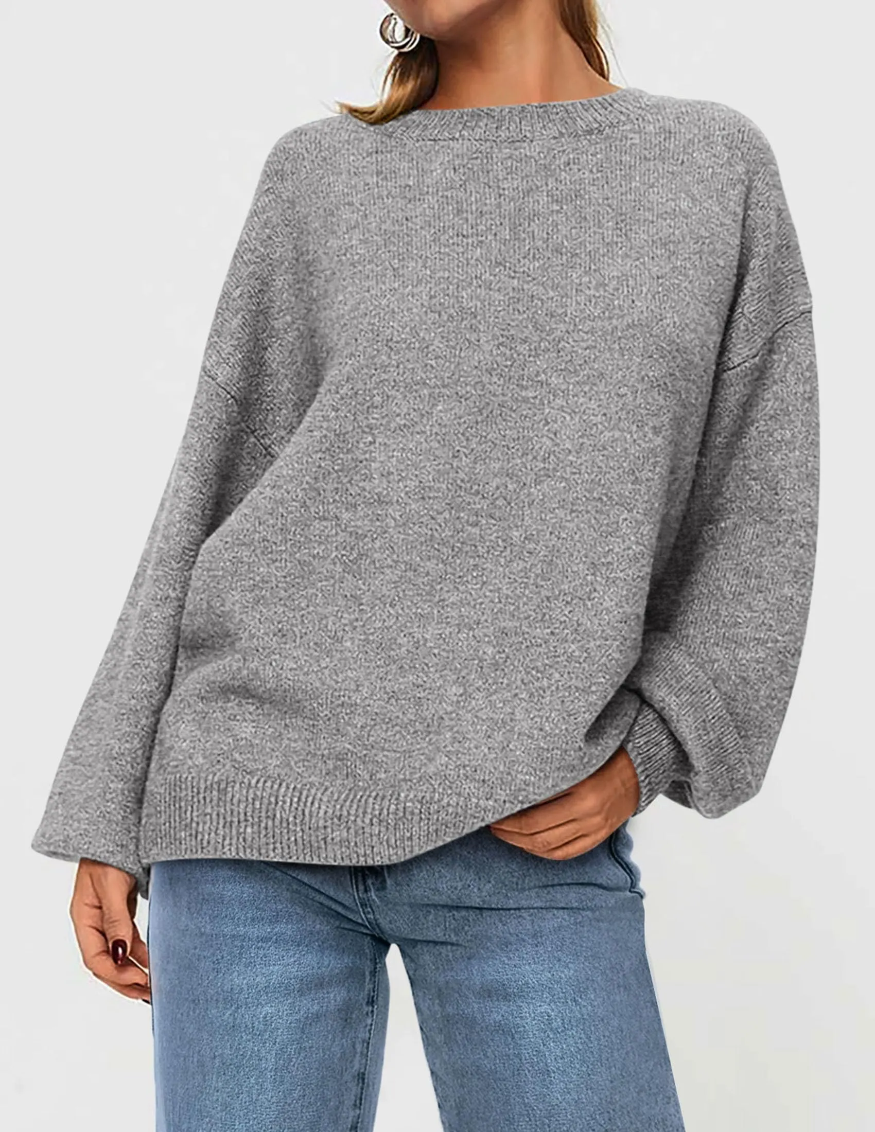 Casual Crew Neck Long Sleeve Pullover Ribbed Knit Loose Fit Sweaters