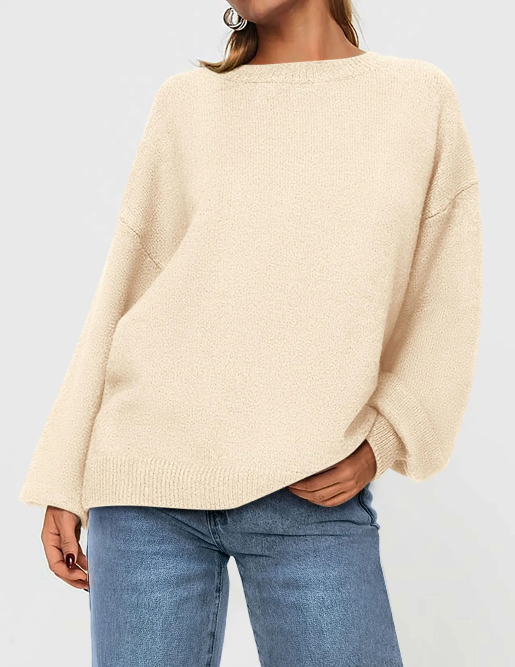 Casual Crew Neck Long Sleeve Pullover Ribbed Knit Loose Fit Sweaters