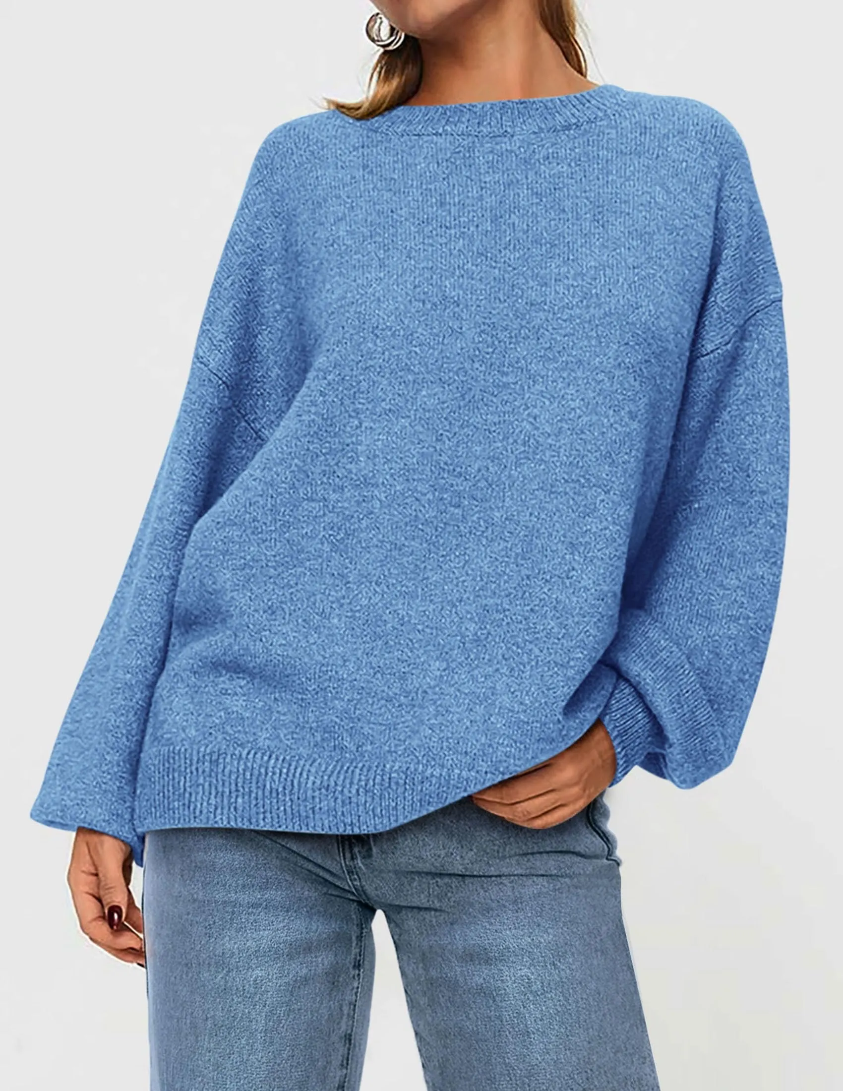 Casual Crew Neck Long Sleeve Pullover Ribbed Knit Loose Fit Sweaters