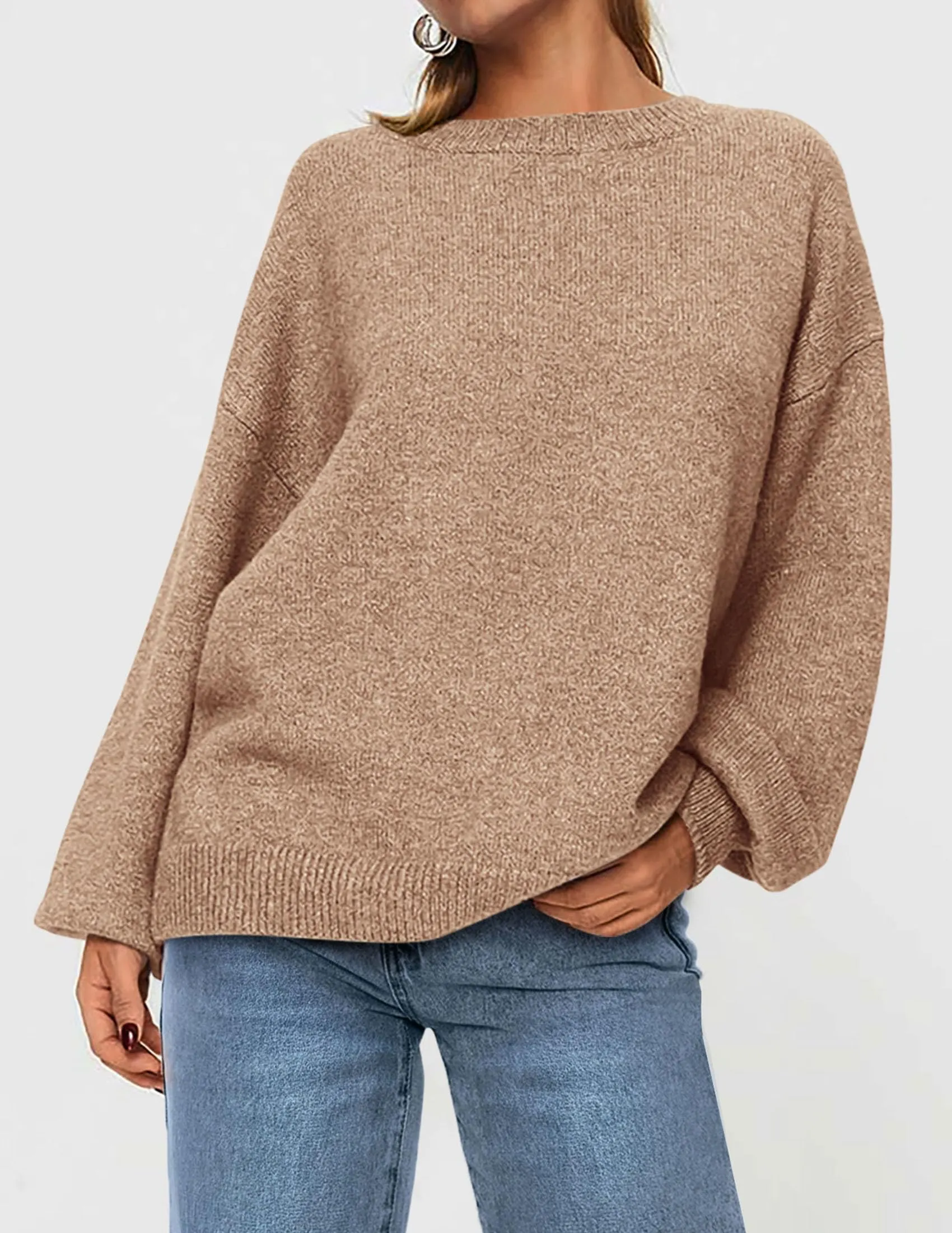 Casual Crew Neck Long Sleeve Pullover Ribbed Knit Loose Fit Sweaters
