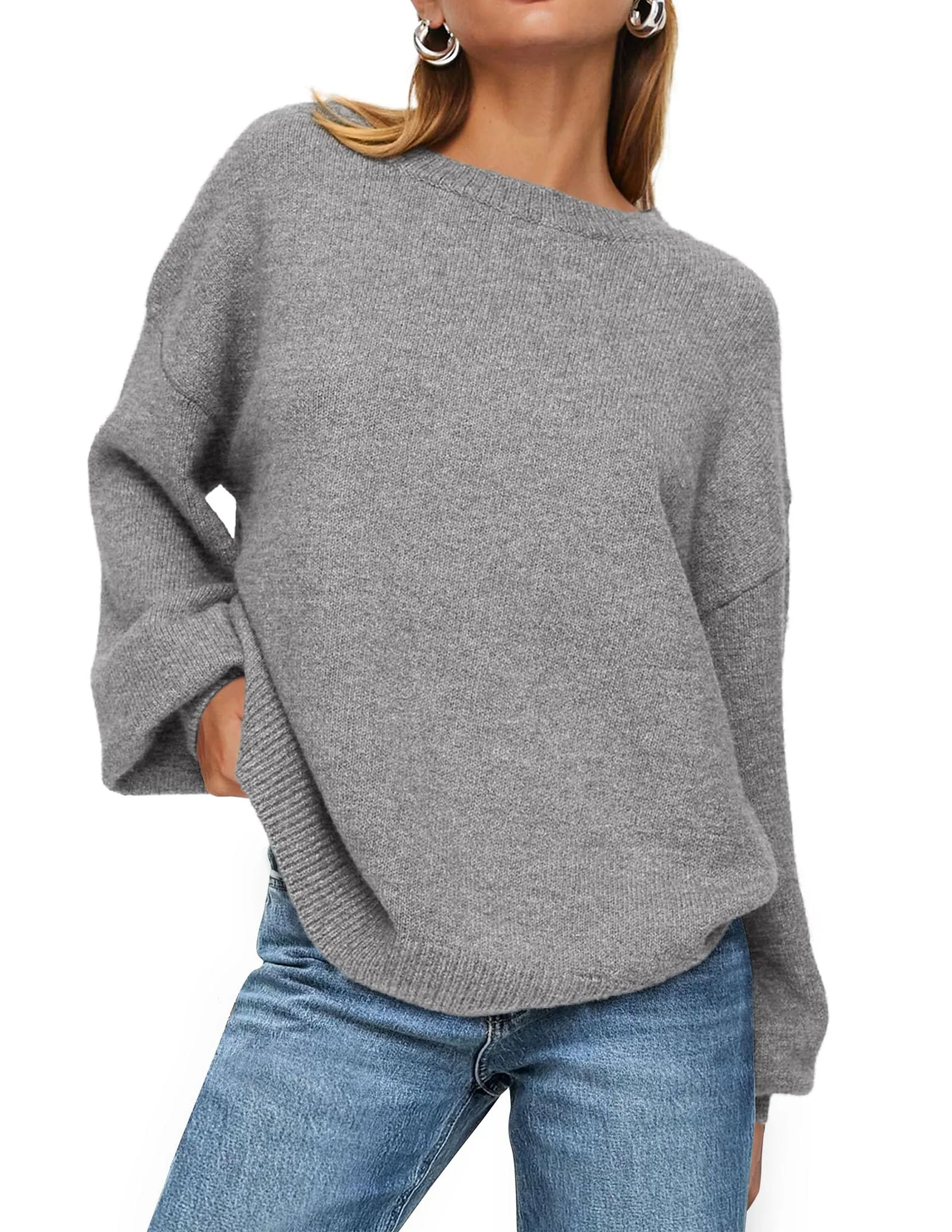 Casual Crew Neck Long Sleeve Pullover Ribbed Knit Loose Fit Sweaters