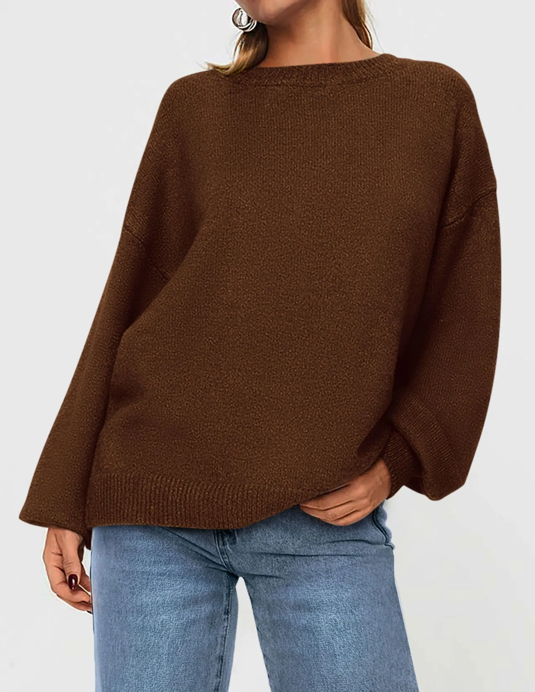 Casual Crew Neck Long Sleeve Pullover Ribbed Knit Loose Fit Sweaters