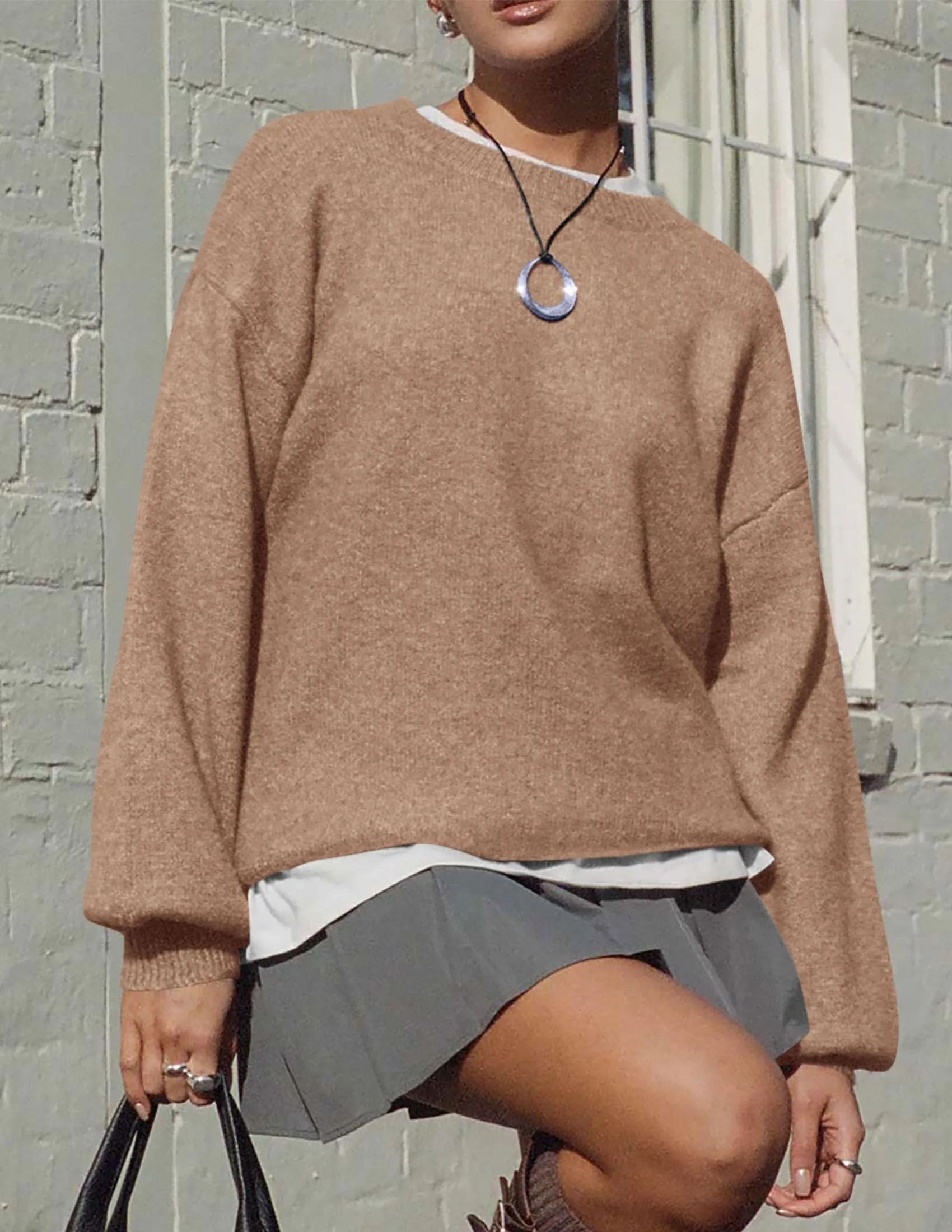 Casual Crew Neck Long Sleeve Pullover Ribbed Knit Loose Fit Sweaters