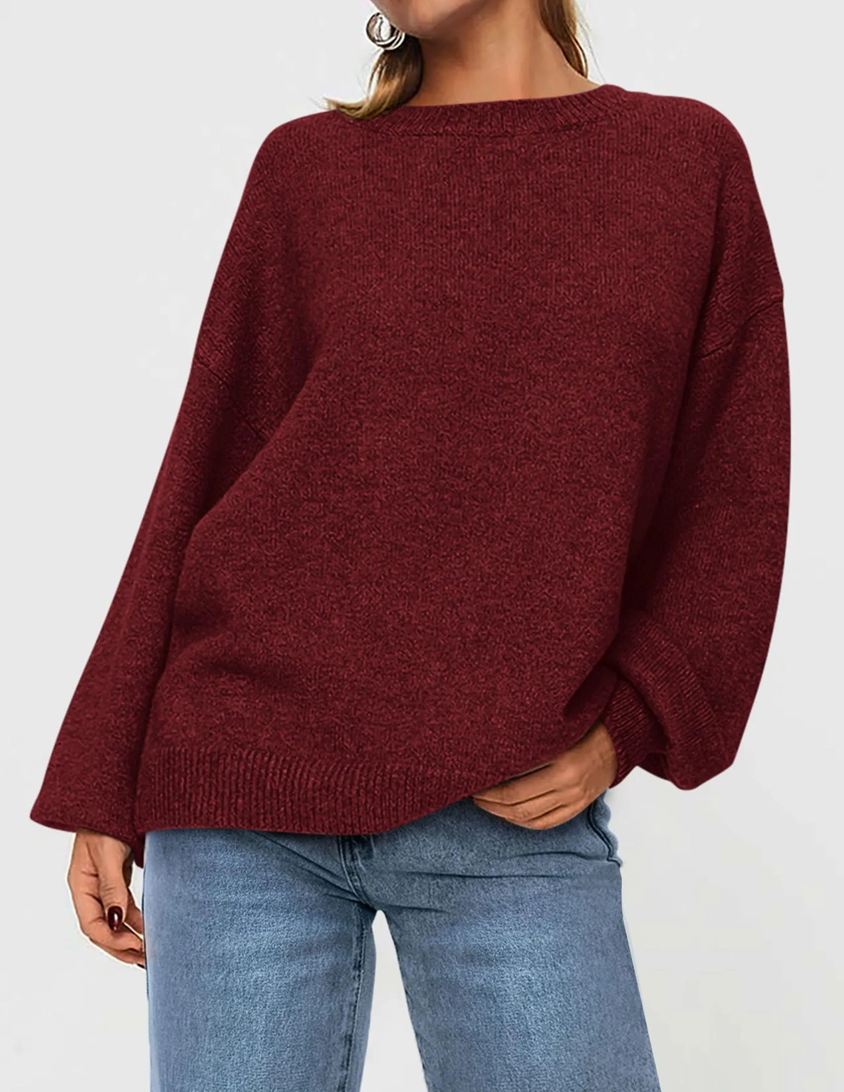Casual Crew Neck Long Sleeve Pullover Ribbed Knit Loose Fit Sweaters