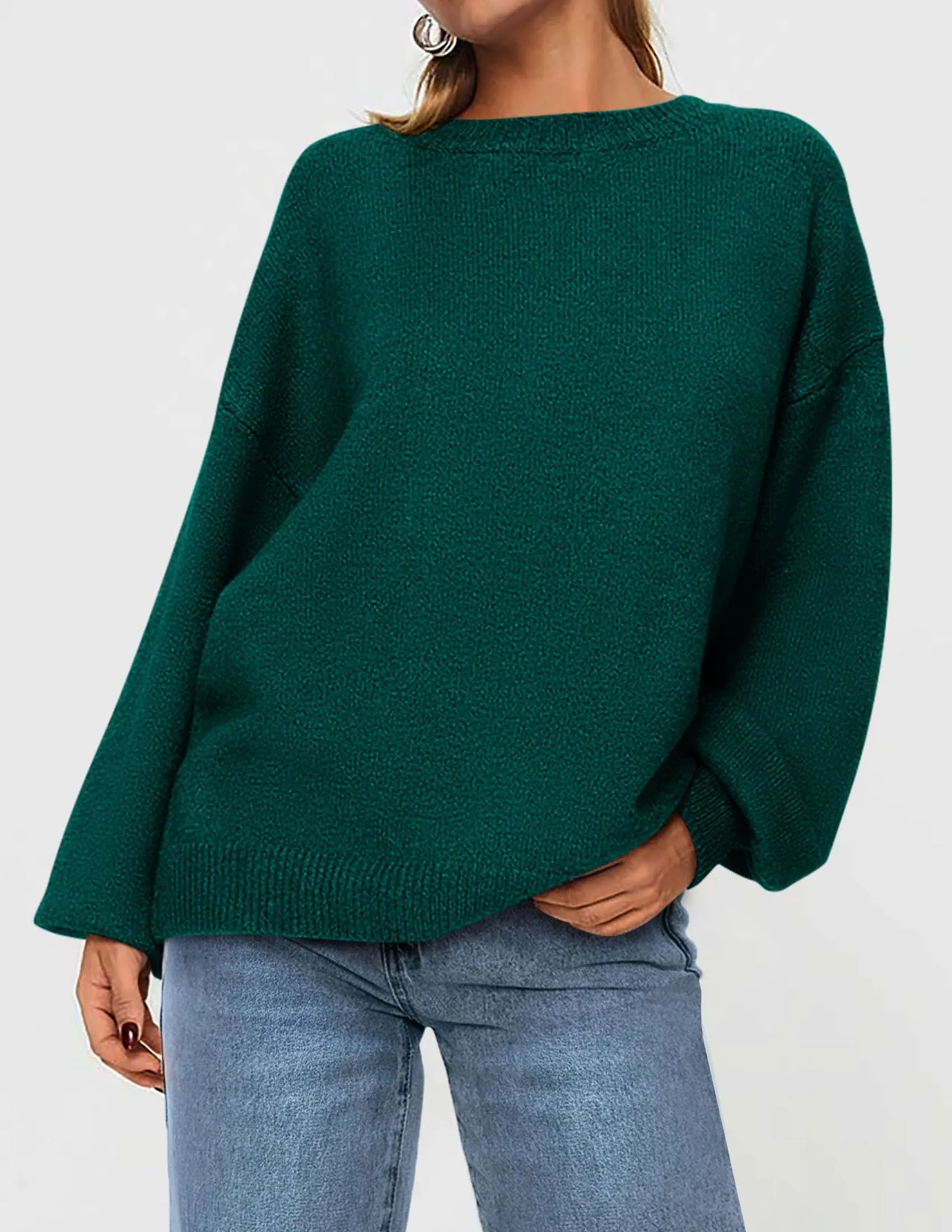Casual Crew Neck Long Sleeve Pullover Ribbed Knit Loose Fit Sweaters
