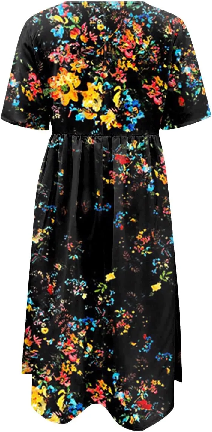 Casual Dresses for Women 2024 Plus Size Print Basic Dresses Summer Short Sleeve Flowy O Neck Dress with Pockets