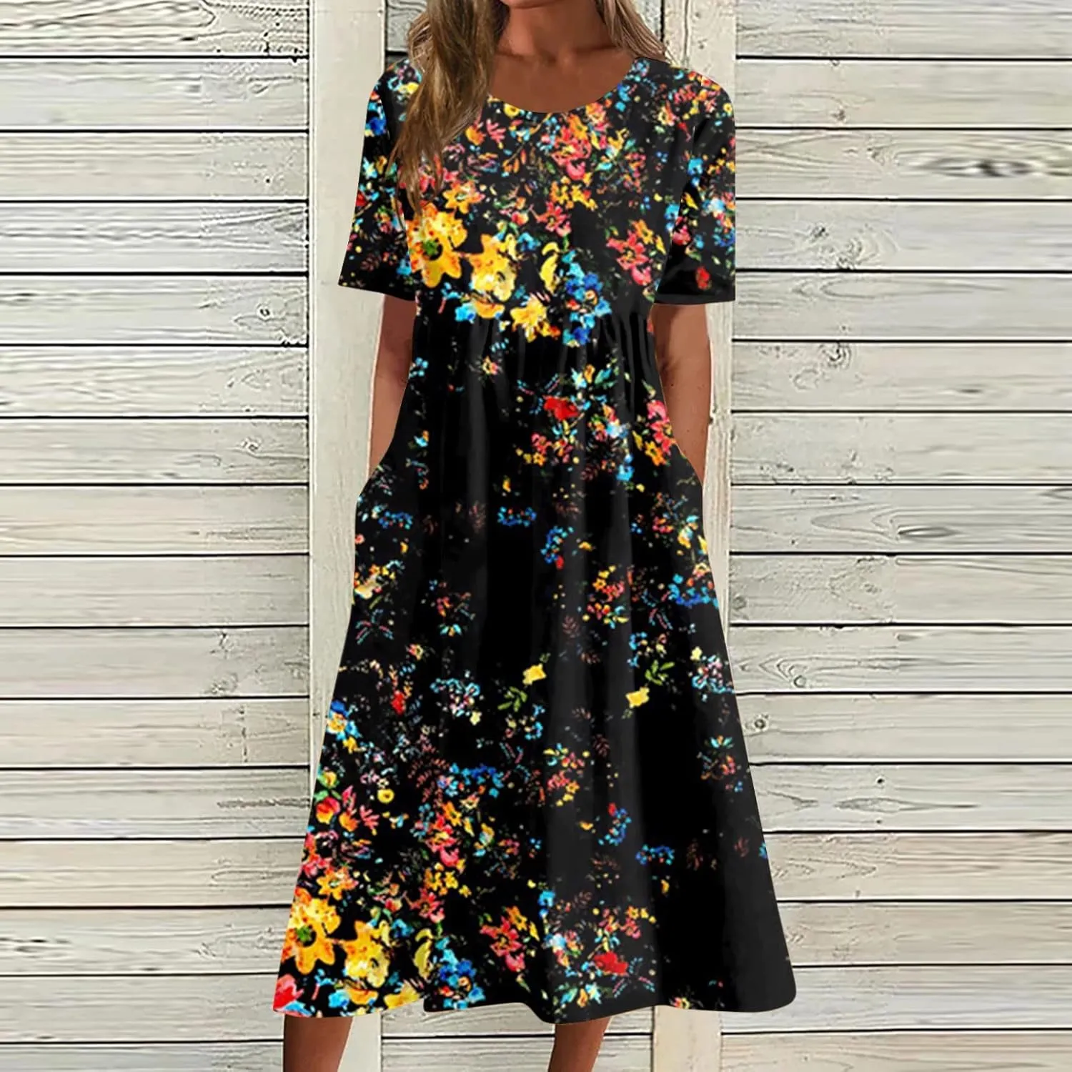 Casual Dresses for Women 2024 Plus Size Print Basic Dresses Summer Short Sleeve Flowy O Neck Dress with Pockets