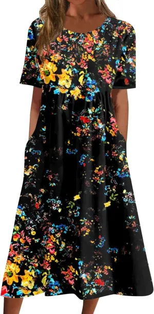 Casual Dresses for Women 2024 Plus Size Print Basic Dresses Summer Short Sleeve Flowy O Neck Dress with Pockets