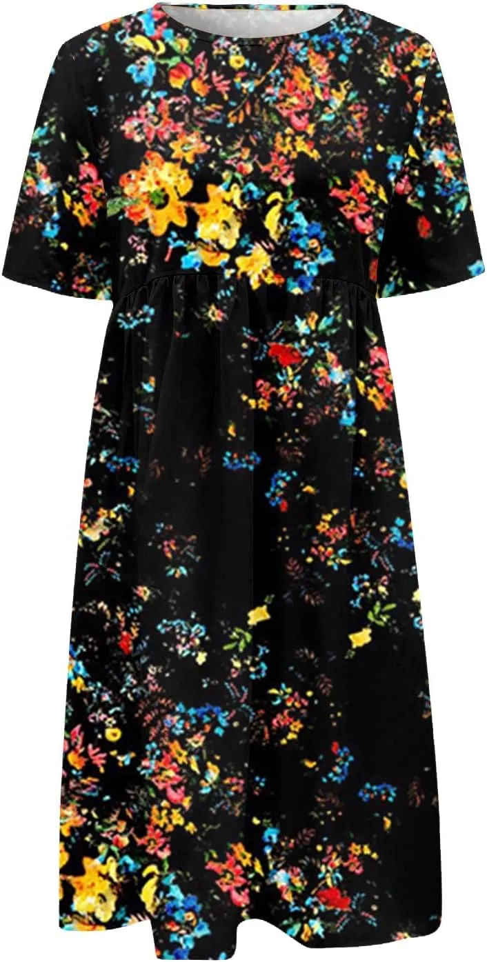 Casual Dresses for Women 2024 Plus Size Print Basic Dresses Summer Short Sleeve Flowy O Neck Dress with Pockets