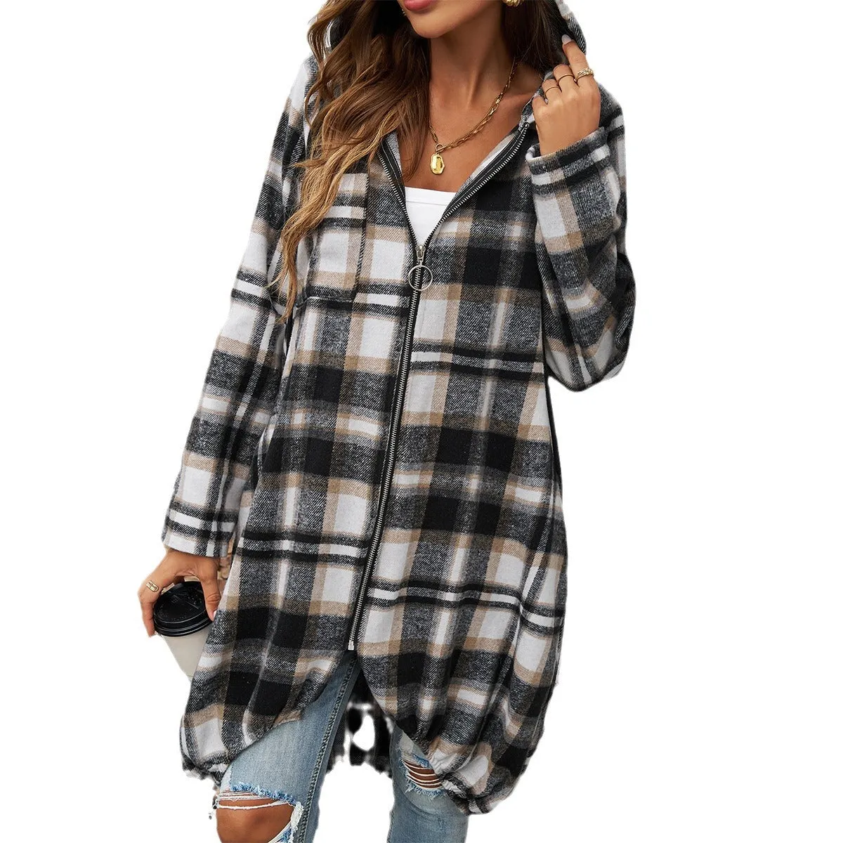 Casual Loose Plaid Zipper Hooded Jackets Wholesale Womens Clothing N3824071500021