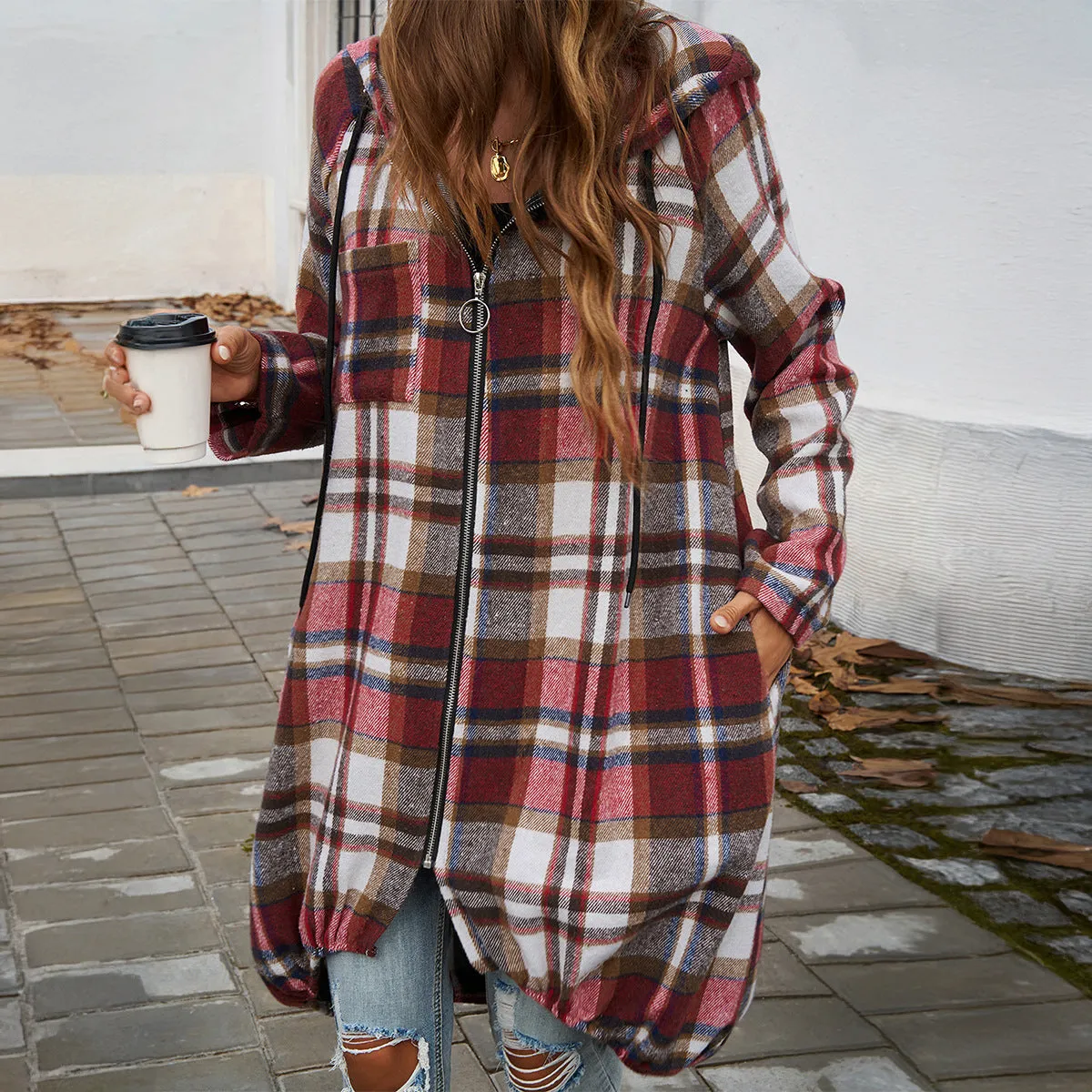 Casual Loose Plaid Zipper Hooded Jackets Wholesale Womens Clothing N3824071500021