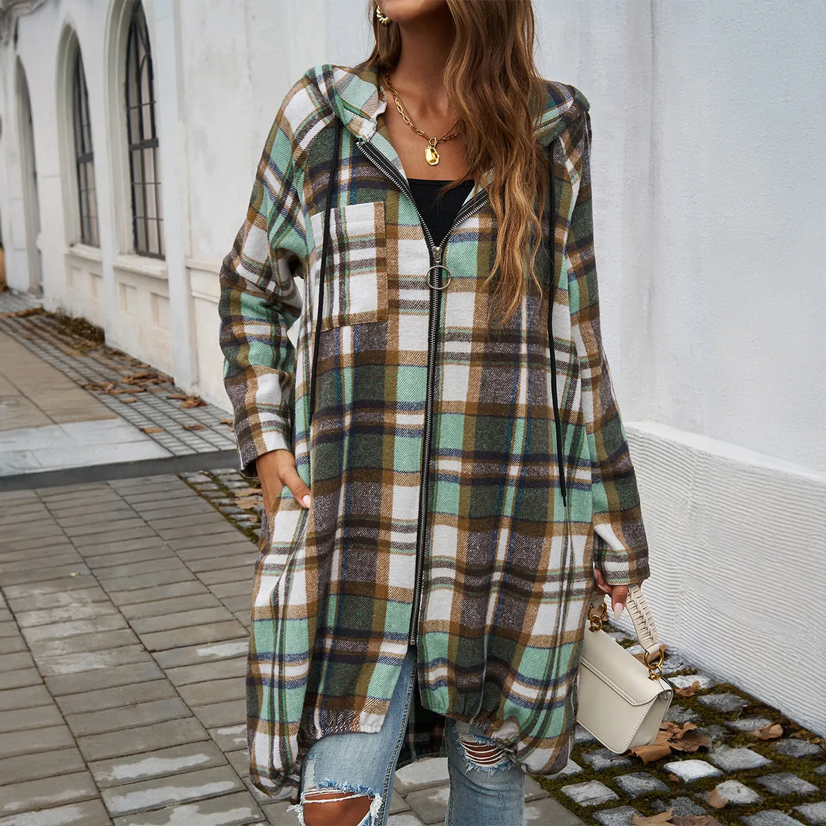 Casual Loose Plaid Zipper Hooded Jackets Wholesale Womens Clothing N3824071500021