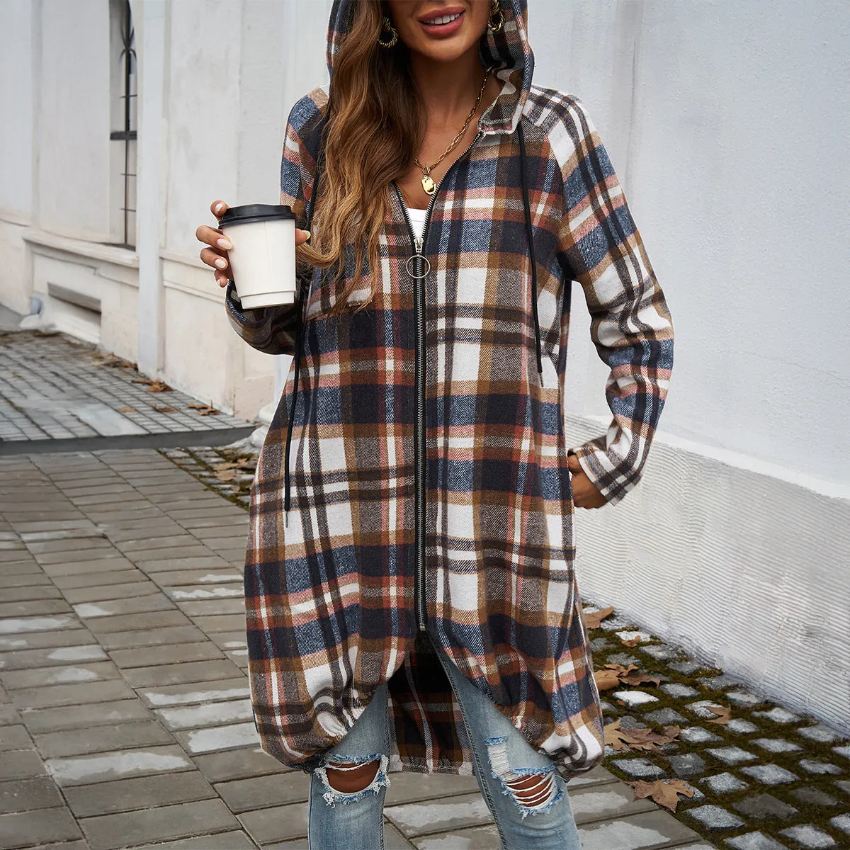 Casual Loose Plaid Zipper Hooded Jackets Wholesale Womens Clothing N3824071500021