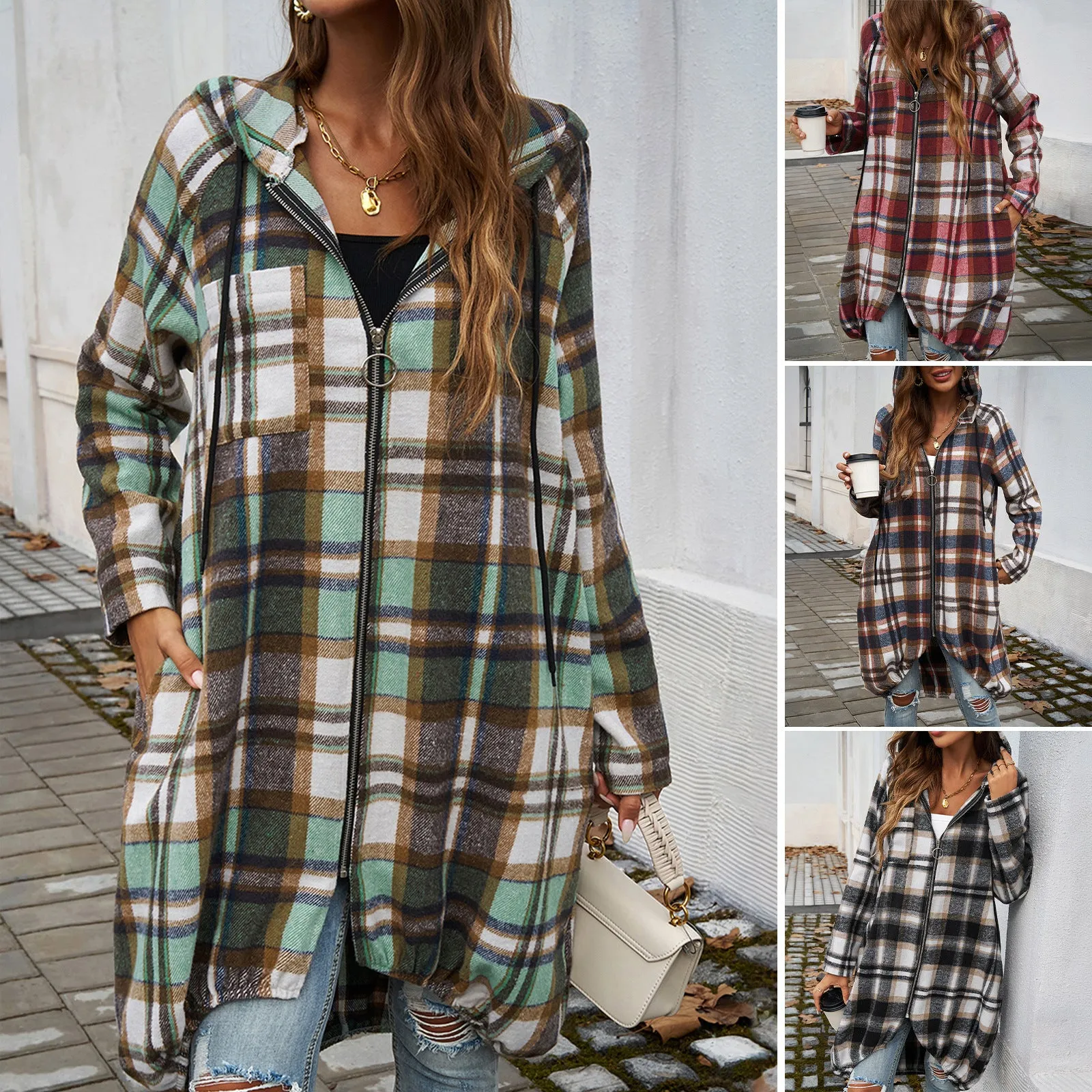 Casual Loose Plaid Zipper Hooded Jackets Wholesale Womens Clothing N3824071500021