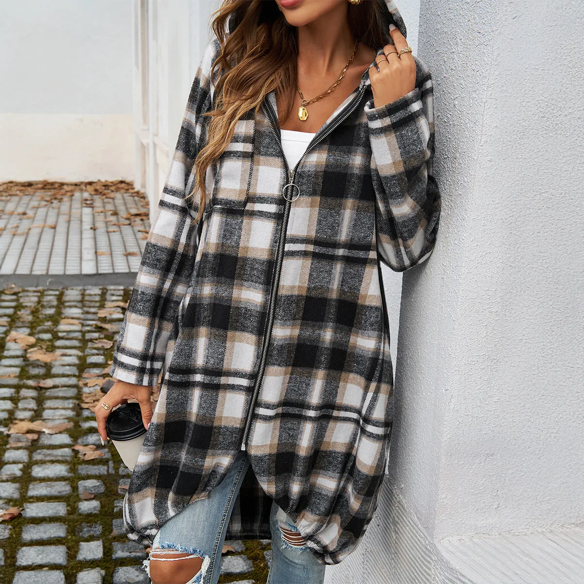Casual Loose Plaid Zipper Hooded Jackets Wholesale Womens Clothing N3824071500021