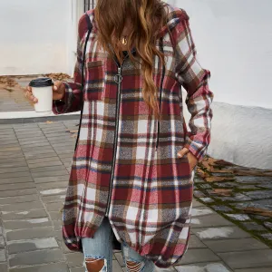 Casual Loose Plaid Zipper Hooded Jackets Wholesale Womens Clothing N3824071500021