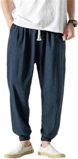 Casual Pants Chinese Style Men's Cotton and Linen Harem Pants Tied Legs Drawstring Elastic Waist Outdoor Sports