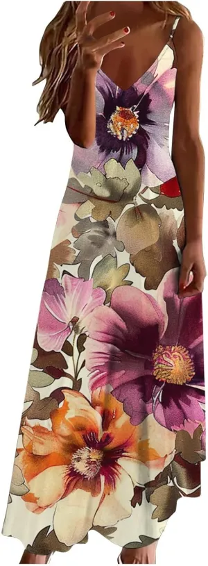 Ceboyel Women 2024 Spaghetti Strap Maxi Dress Trendy Summer Vacation Sundresses Boho Beach Sun Dresses Casual Resort Clothes