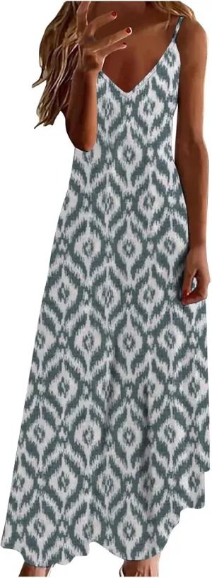 Ceboyel Women 2024 Spaghetti Strap Maxi Dress Trendy Summer Vacation Sundresses Boho Beach Sun Dresses Casual Resort Clothes