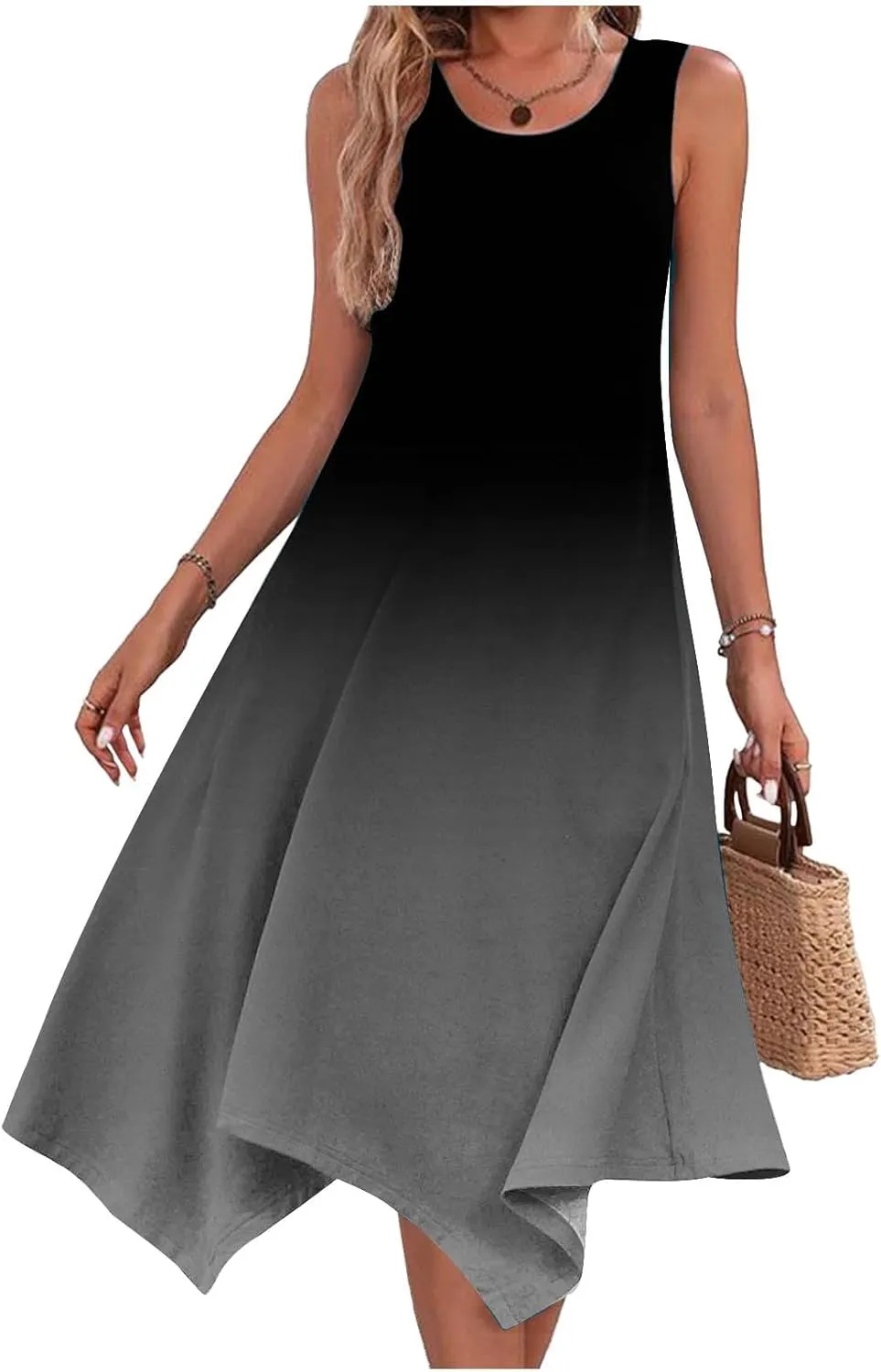 Ceboyel Womens 2024 Casual Summer Sundresses Flowy Sleeveless Tank Dresses Handkerchief Hem Dress Beach Vacation Outfits
