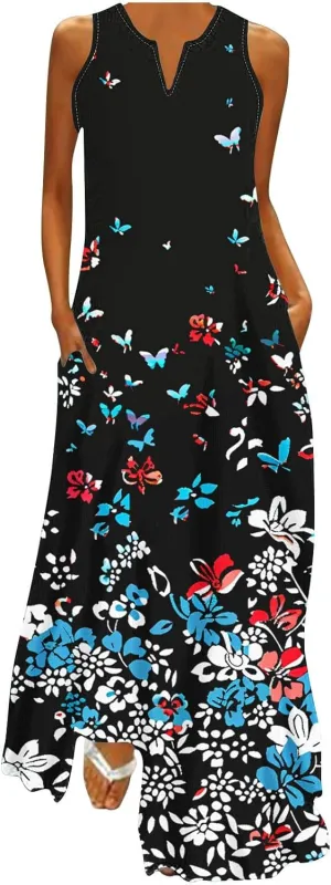 Ceboyel Womens Boho Floral Maxi Dresses Floral Flowy Long Dresses Sleeveless Sun Dress Casual Summer Trendy Outfits 2024