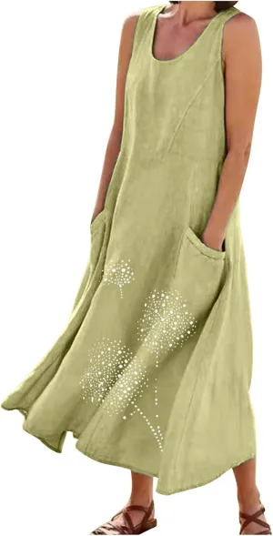 Ceboyel Womens Cotton Linen Maxi Dress Dandelion Print Long Dresses Trendy Vacation Flowy Tank Dress Boho Beach Clothes 2024
