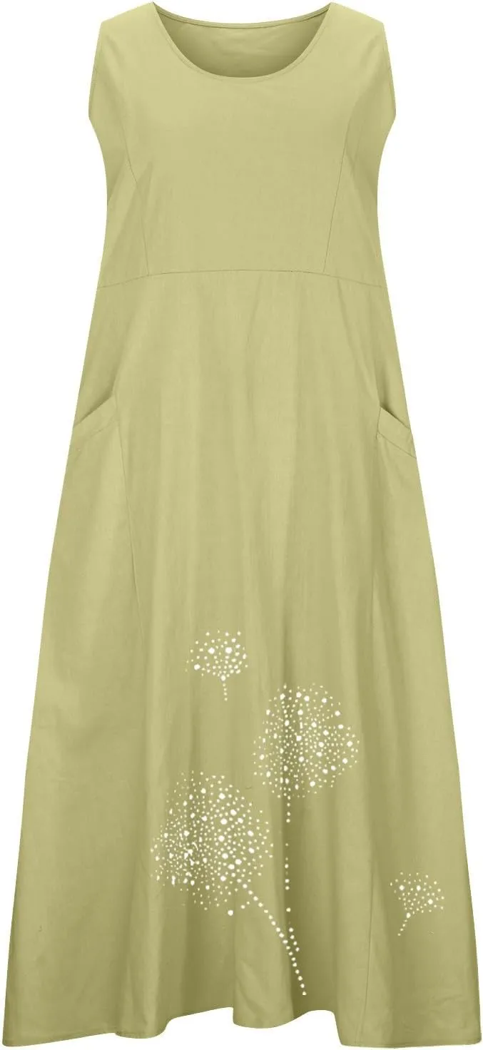 Ceboyel Womens Cotton Linen Maxi Dress Dandelion Print Long Dresses Trendy Vacation Flowy Tank Dress Boho Beach Clothes 2024