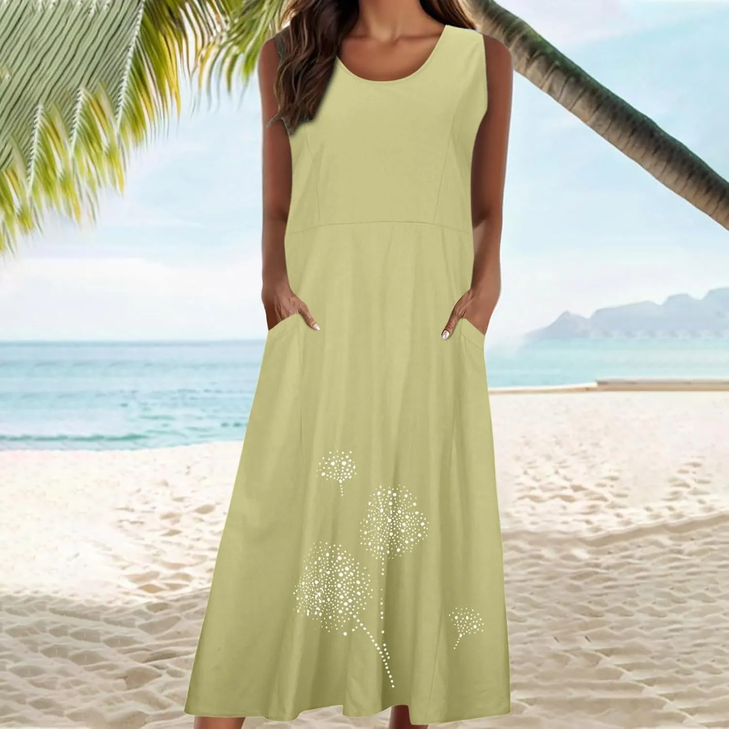Ceboyel Womens Cotton Linen Maxi Dress Dandelion Print Long Dresses Trendy Vacation Flowy Tank Dress Boho Beach Clothes 2024