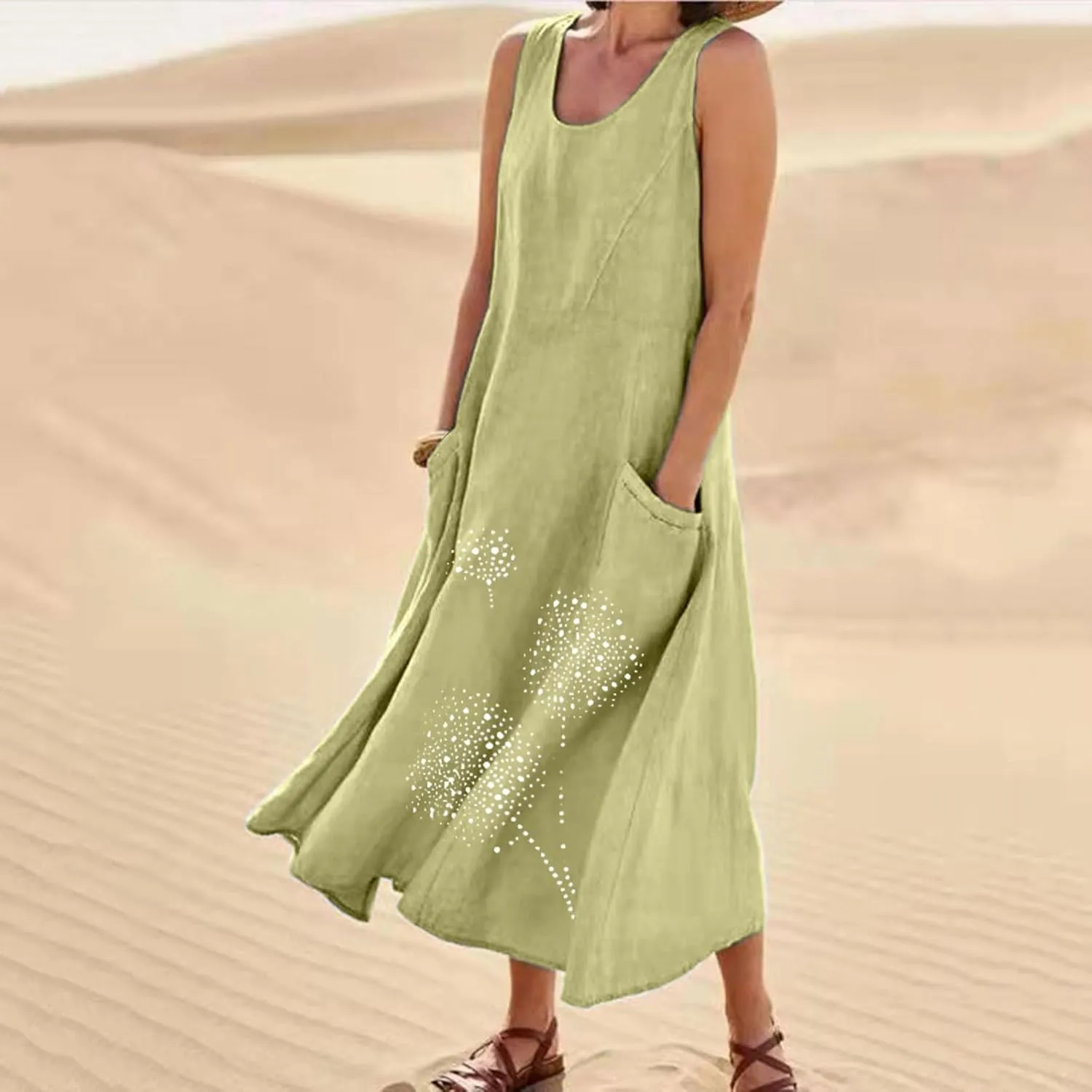 Ceboyel Womens Cotton Linen Maxi Dress Dandelion Print Long Dresses Trendy Vacation Flowy Tank Dress Boho Beach Clothes 2024