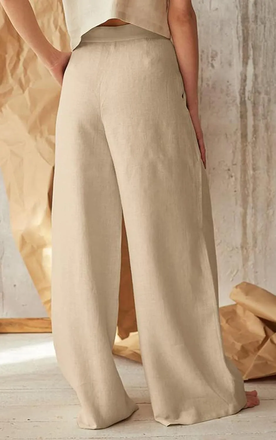 CHARTOU Women's Summer Button High Waist Wide Leg Cotton Linen Palazzo Pants with Pockets