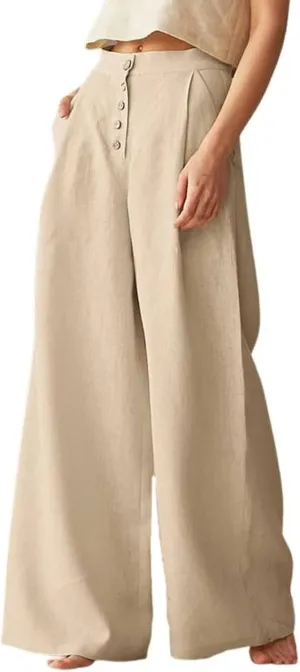 CHARTOU Women's Summer Button High Waist Wide Leg Cotton Linen Palazzo Pants with Pockets