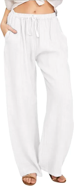 CHARTOU Women's Summer Drawstring Waist Wide Leg Loose Cotton Linen Palazzo Pants