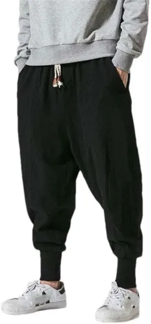 Chinese Style Cotton Linen Harem Pants Men Solid Color Elastic Waist Jogging Pants Casual Pants Men