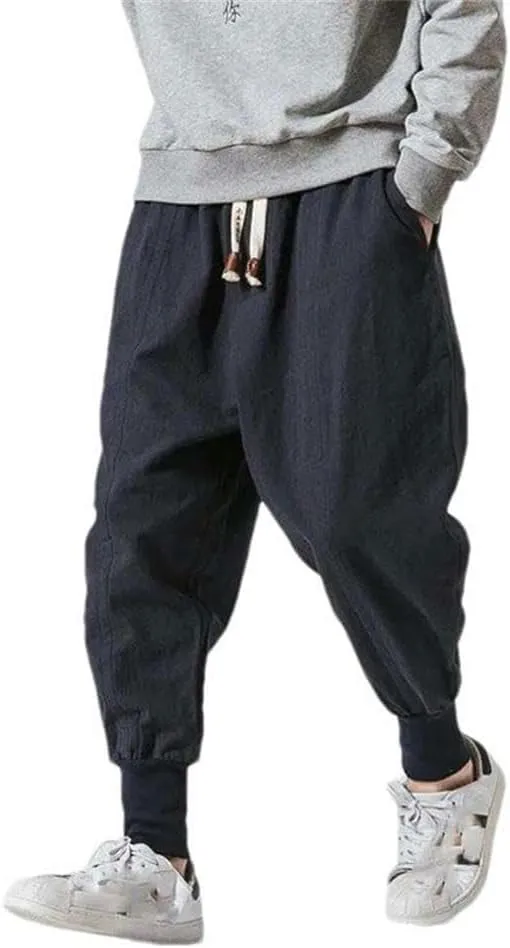 Chinese Style Cotton Linen Harem Pants Men Solid Color Elastic Waist Jogging Pants Casual Pants Men