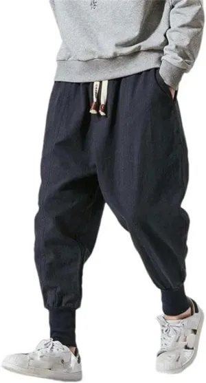 Chinese Style Cotton Linen Harem Pants Men Solid Color Elastic Waist Jogging Pants Casual Pants Men