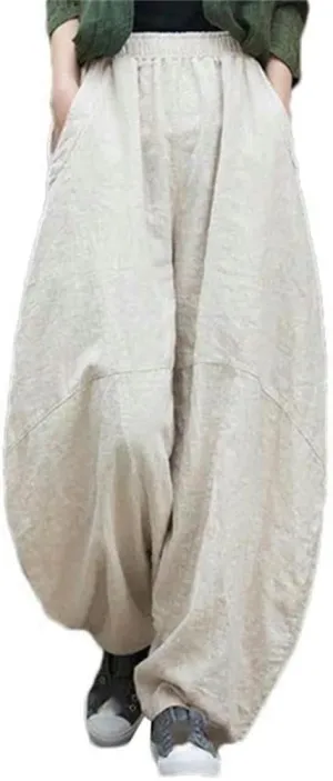 Chinese Women's Cotton Loose Goods Pants Retro Elastic Waist Yoga Pants Loose Casual Wide-Leg Harem Trousers