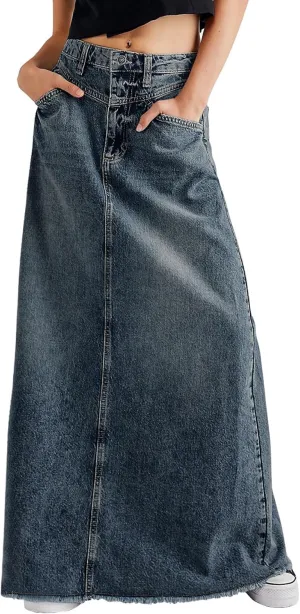 chouyatou Women's Vintage A-Line Frayed Maxi Denim Skirt Distressed High Waist Long Jean Skirt