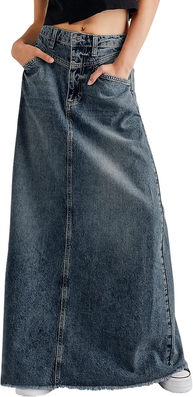 chouyatou Women's Vintage A-Line Frayed Maxi Denim Skirt Distressed High Waist Long Jean Skirt