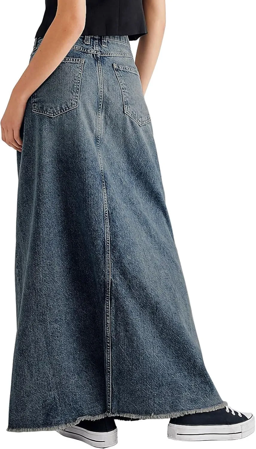 chouyatou Women's Vintage A-Line Frayed Maxi Denim Skirt Distressed High Waist Long Jean Skirt